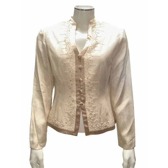 Papell Petites 4P Ivory Silk Beaded Jacket Textured Vintage Cocktail City Chic - Picture 2 of 12